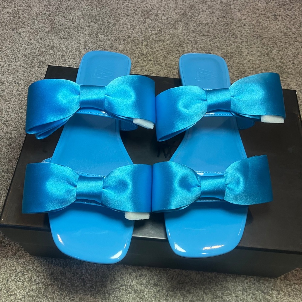 Aminah Abdul Jillil Jody Bow Flat Sandal Blue Patent Leather Square Toe Slide 6M